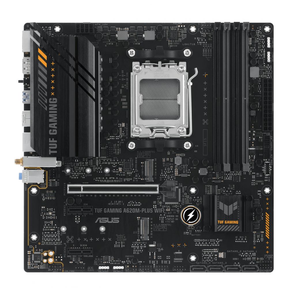 Материнская плата для процессоров Intel Asus  TUF GAMING A620M-PLUS WIFI Processor family AMD, Processor socket AM5, DDR5 DIMM, Memory slots 4, Supported hard disk drive interfaces 	SATA, M.2, Number of SATA connectors 4, Chipset AMD A620,  Micro-ATX