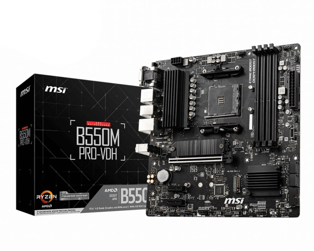 Материнская плата для процессоров Intel MSI  | B550M PRO-VDH | Processor family AMD | Processor socket AM4 | DDR4 | Memory slots 4 | Number of SATA connectors 4 | Chipset AMD B | Micro ATX