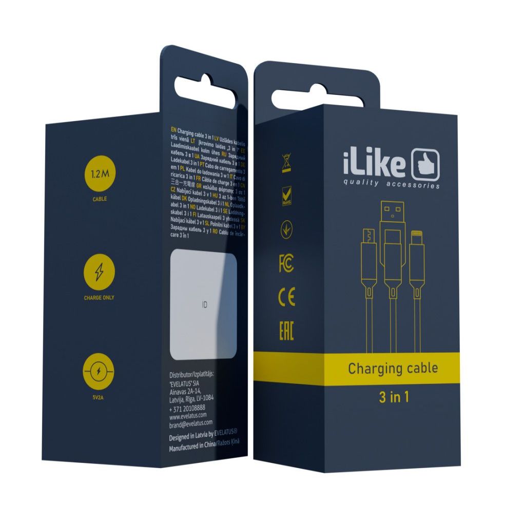 Cable iLike  Charging Cable 3 in 1, USB, Type C, Lightning, CCI02 Black
