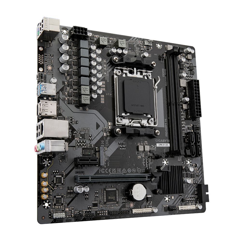 Intel protsessori emaplaat Gigabyte  A620M H 1.0 M/B Processor family AMD, Processor socket AM5, DDR5 DIMM, Memory slots 2, Supported hard disk drive interfaces 	SATA, M.2, Number of SATA connectors 4, Chipset AMD A620, Micro ATX