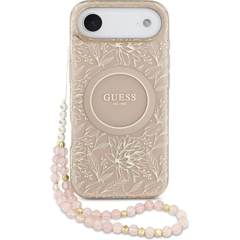Back panel cover Guess Apple iPhone 17 Air Silicone case with MagSafe Flowers Allover with Pearl Strap Pink