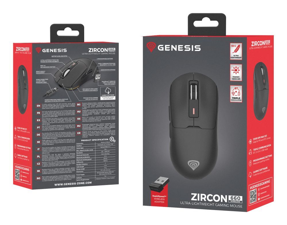 Arvutihiir Genesis  Gaming Mouse | Zircon 660 | Wired/Wireless | 2.4 GHz, Bluetooth, USB | Black