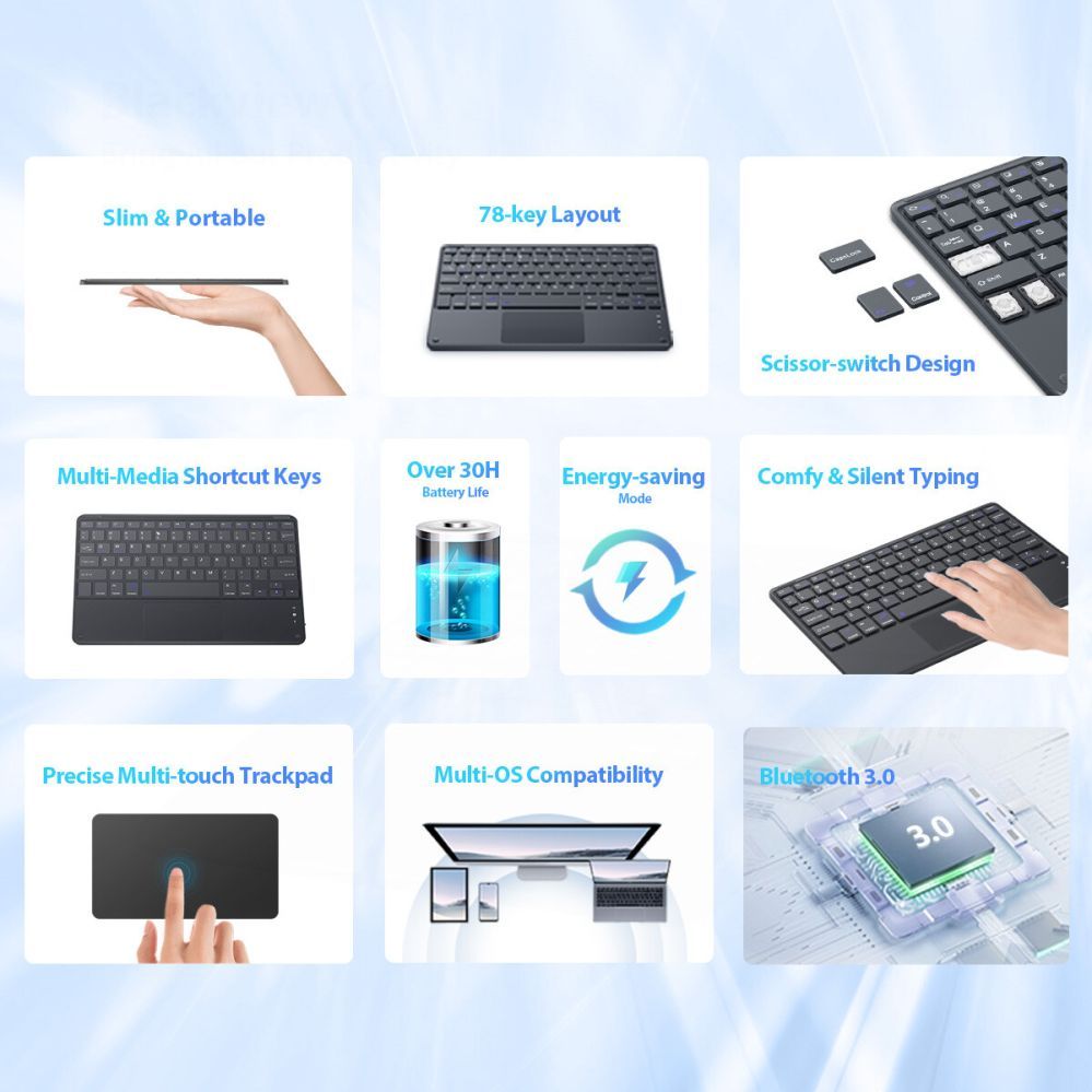 Computer keyboard Blackview  K1 Bluetooth Keyboard Wireless Ultra Slim 10” – 280mAh Battery, Bluetooth 3.0, Compatible with Windows / Android / iOS, Black Gray