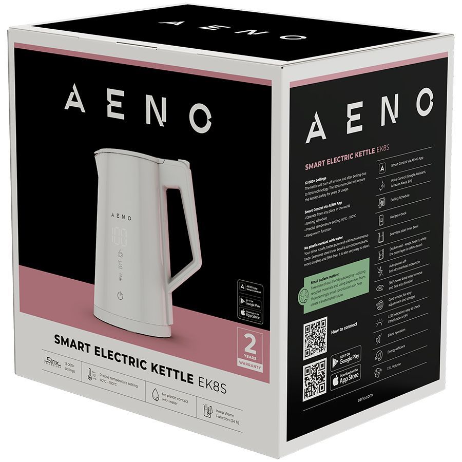 Veekeetja AENO  AENO Electric Kettle EK8S Smart: 1850-2200W, 1.7L, Strix, Double-walls, Temperature Control, Keep warm Function, Control via Wi-Fi, LED-display, Non-heating body, Auto Power Off, Dry tank Protection