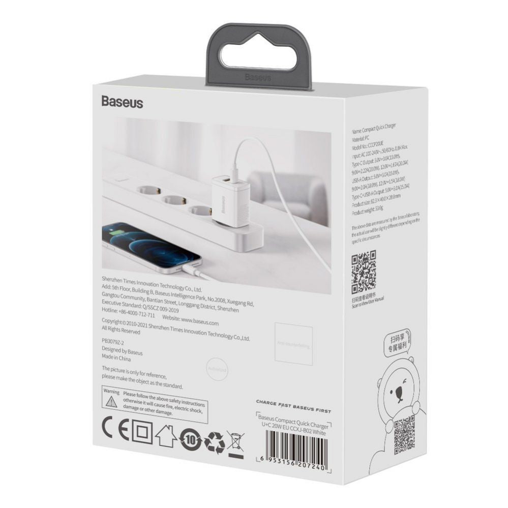Adaptrid Baseus  Baseus Compact fast charger USB / USB Type C 20W 3A Power Delivery Quick Charge 3.0 white (CCXJ-B02) White