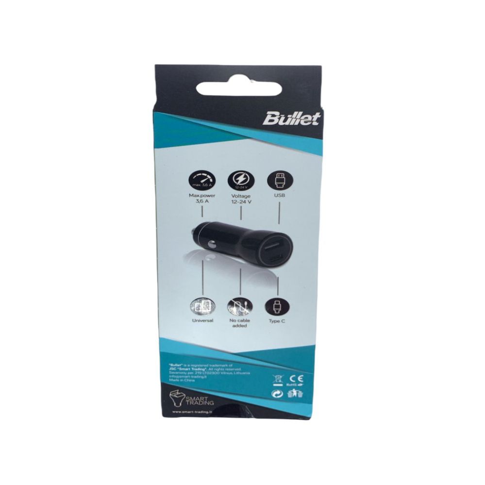 Adapter -  BULLET USB Car Charger Q3.0 + Type C 2.4A Black