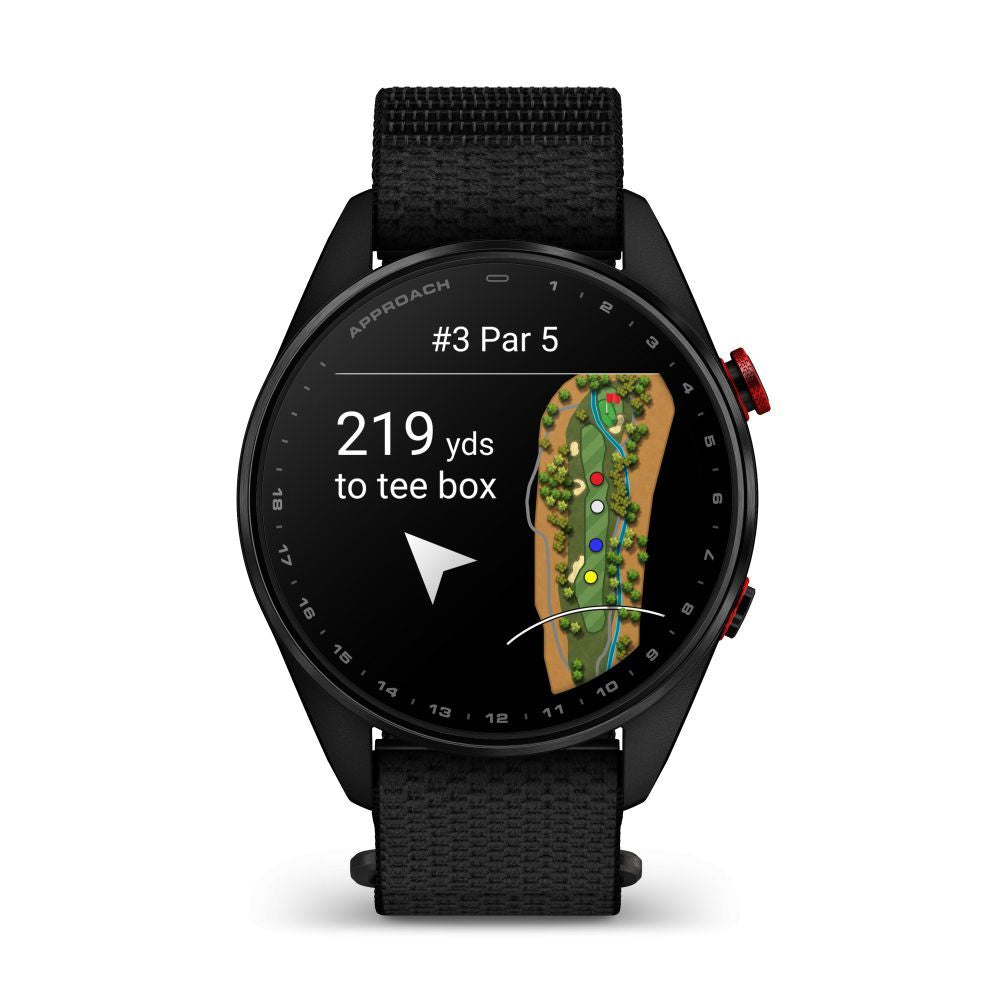 Nutikell Garmin  Approach S72 – 47 mm
Carbon Gray/Red DLC Titanium Bezel with Black ComfortFit Fabric Band