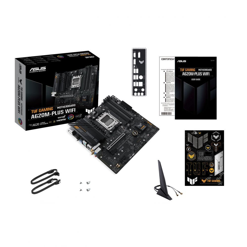 Материнская плата для процессоров Intel Asus  TUF GAMING A620M-PLUS WIFI Processor family AMD, Processor socket AM5, DDR5 DIMM, Memory slots 4, Supported hard disk drive interfaces 	SATA, M.2, Number of SATA connectors 4, Chipset AMD A620,  Micro-ATX