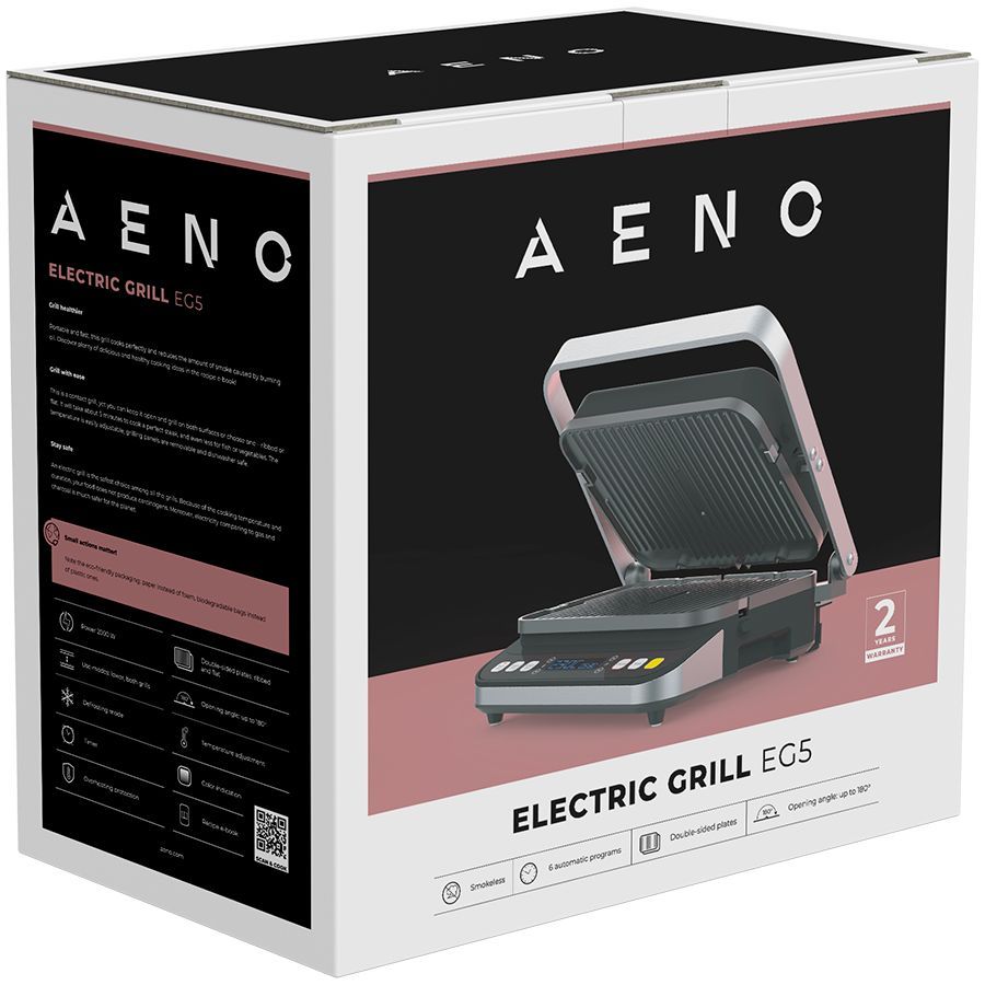 Muud väikesed kodumasinad AENO  AENO ''Electric Grill EG5: 2000W, 2 heating modes - Lower Grill, Both Grills, 6 preset programs, Defrost, Max opening angle -180°, Temperature regulation, Timer, Removable double-sided plates, Plate size 320*220mm''