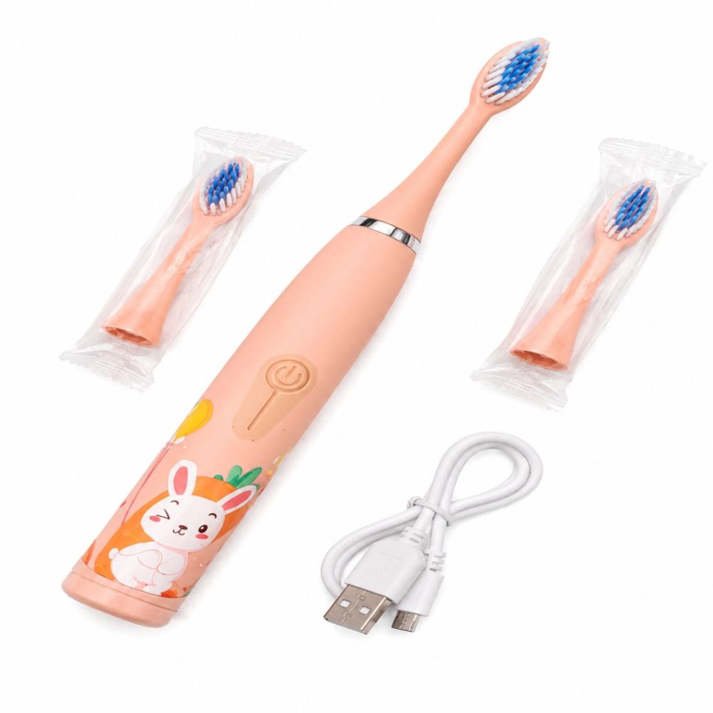 Hambahari iLike  Kids Rechargeable Sonic Electric Toothbrush, USB Charging, 3 Brush Heads (1+2 Replacement Heads), Soft Bristles, Waterproof, Bunny Design, Pink Pink