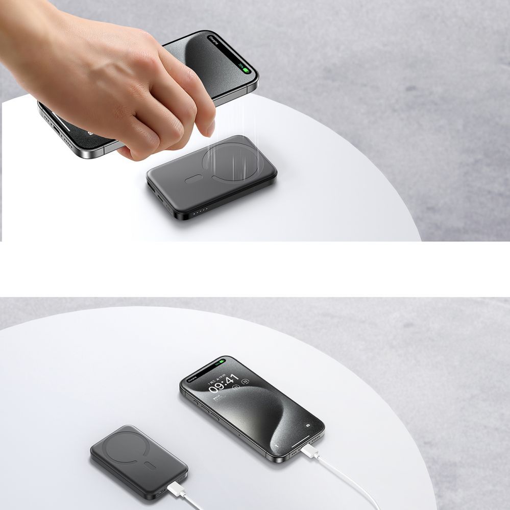 Внешний аккумулятор Joyroom  Powerbank Joyroom JR-W020 Mini 5000mAh USB-A USB-C inductive 20W - black + USB-C / USB-C cable