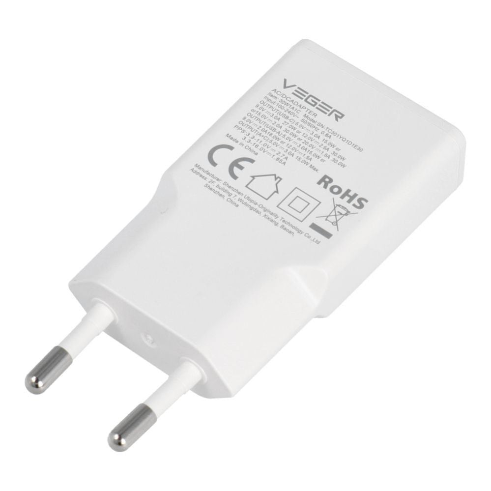 Adaptrid Veger  Phone charger VEGER USB A + USB C QC PD 30W 30W1A1C white
