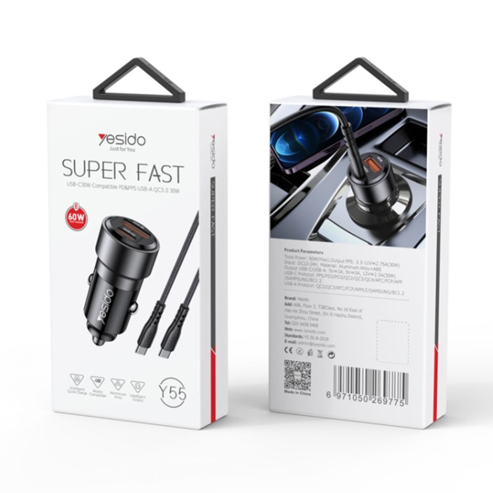 Авто зарядка yesido  Y55 60W Fast Charging Car Charger | With TC to TC cable car cigarette lighting port charger adapter Black