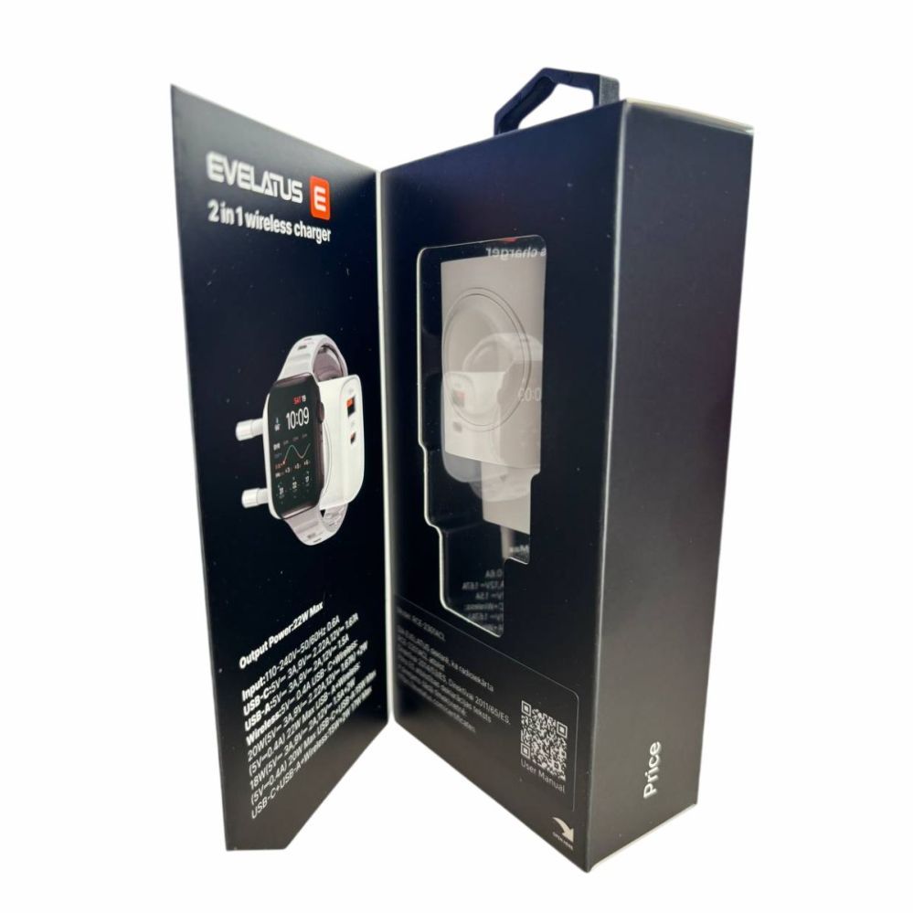 Adapter Evelatus  Evelatus 2 in 1 Charger 20W Max USB-C+USB-A:15W Max USB-C+USB-A+Wireless:15W+2W 17W Max White