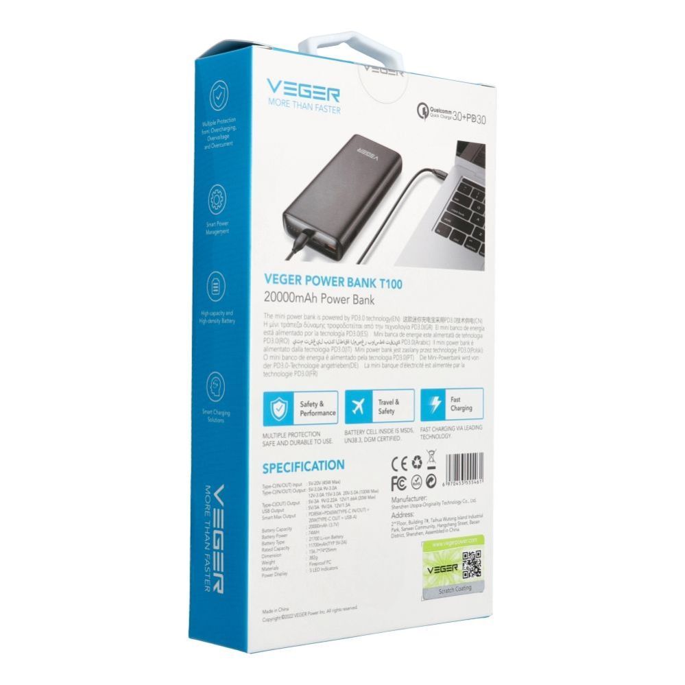 Power bank Veger  Powerbank Veger T100 (W2032C-100) PD QC3.0 5A 100W 20000 mAh black