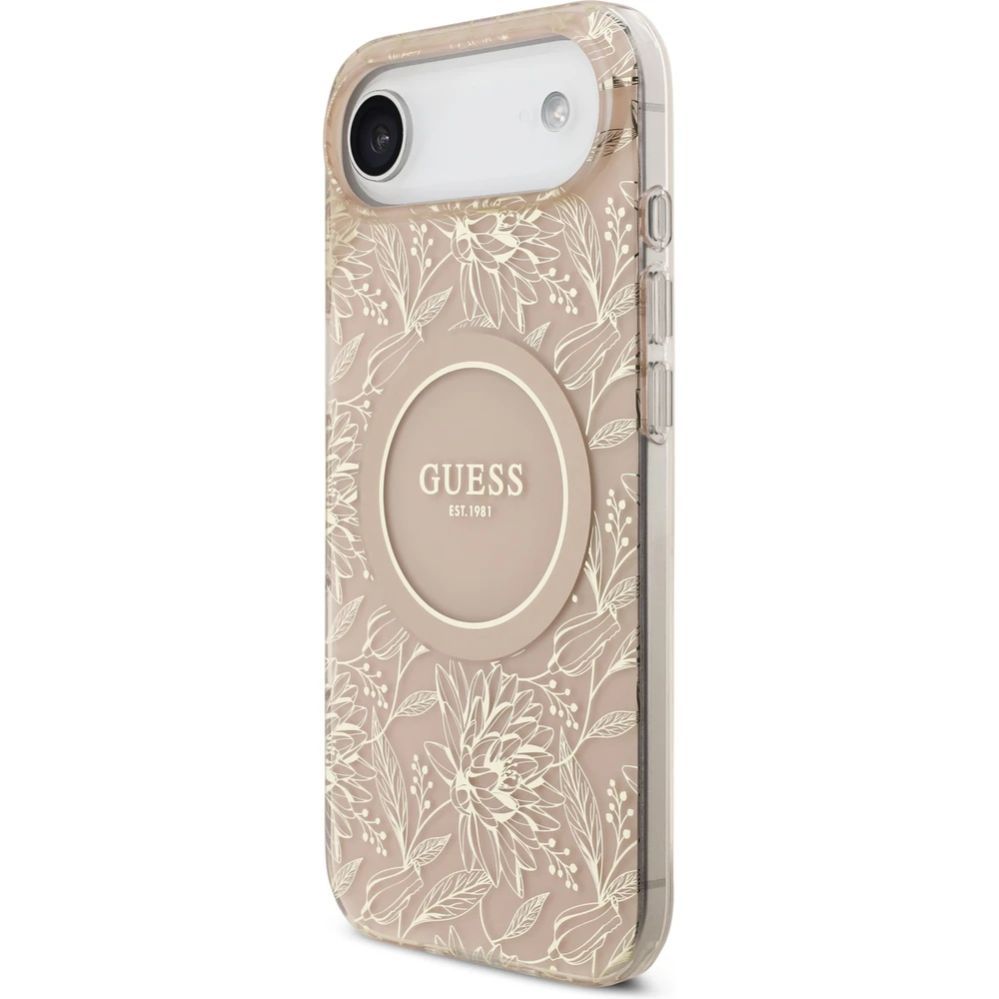 Back panel cover Guess Apple iPhone 17 Air Silicone case with MagSafe Flowers Allover with Pearl Strap Pink