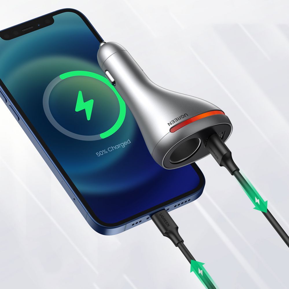 Авто зарядка Ugreen  USB Type C / USB QC PD 24W car charger with 12V cigarette lighter socket silver (CD204)