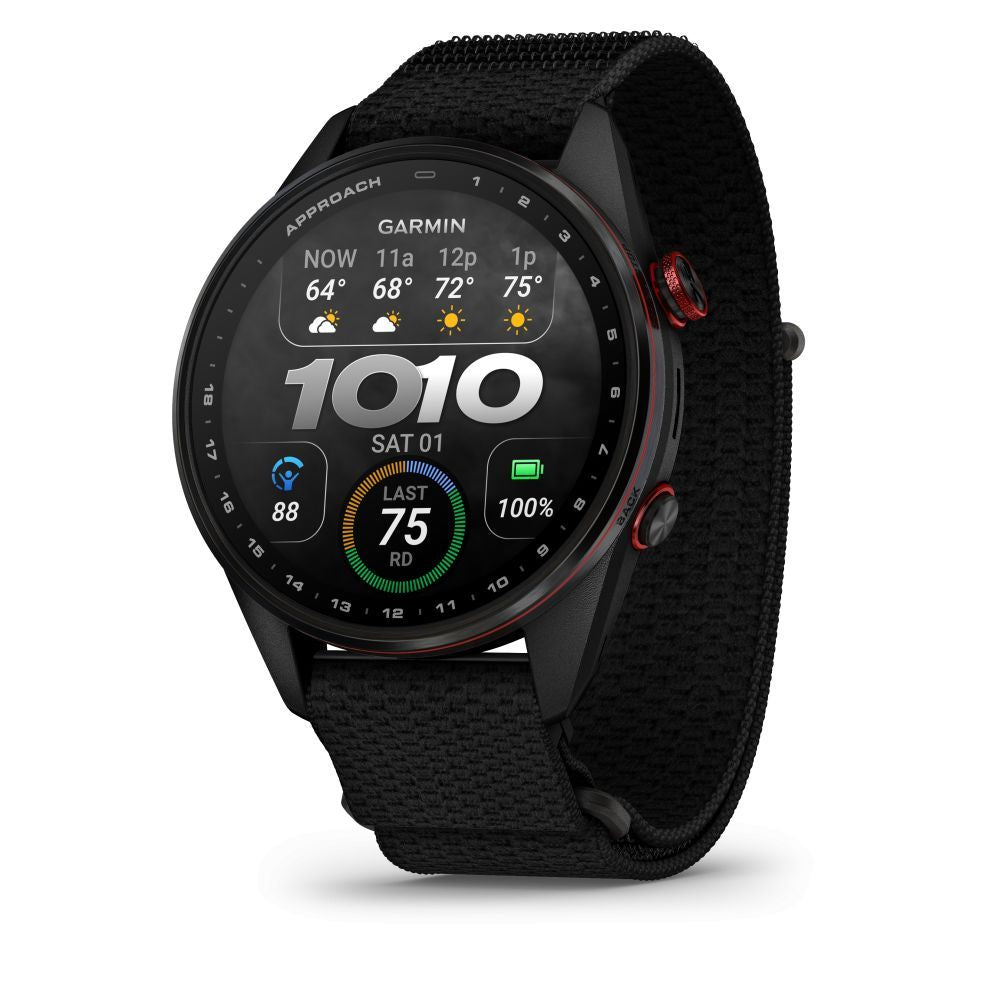 Nutikell Garmin  Approach S72 – 47 mm
Carbon Gray/Red DLC Titanium Bezel with Black ComfortFit Fabric Band