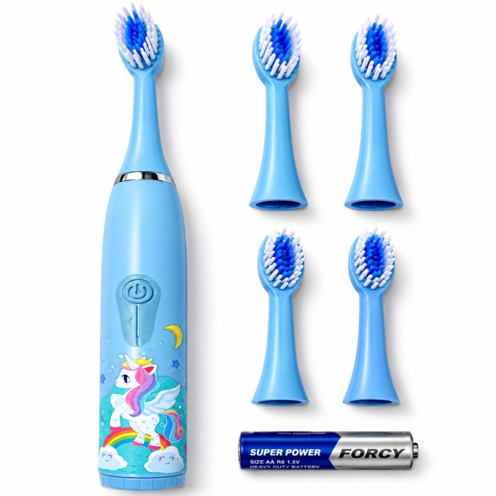 Hambahari iLike  Kids Sonic Electric Toothbrush, Waterproof, 5 Brush Heads (1+4 Replacement Heads), Battery Powered, Soft Bristles, Unicorn Design, Blue Blue