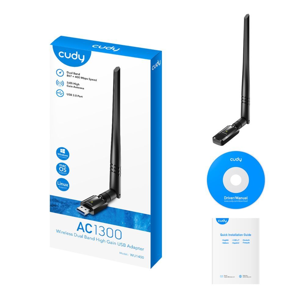 Роутер Cudy  WU1400 AirMax AC1300 Dual Band WiFi USB Adapter USB 3.0 Detachable Antenna High Gain Black