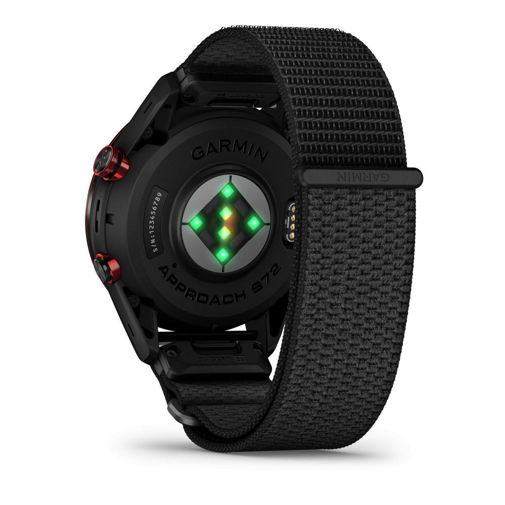 Nutikell Garmin  Approach S72 – 47 mm
Carbon Gray/Red DLC Titanium Bezel with Black ComfortFit Fabric Band