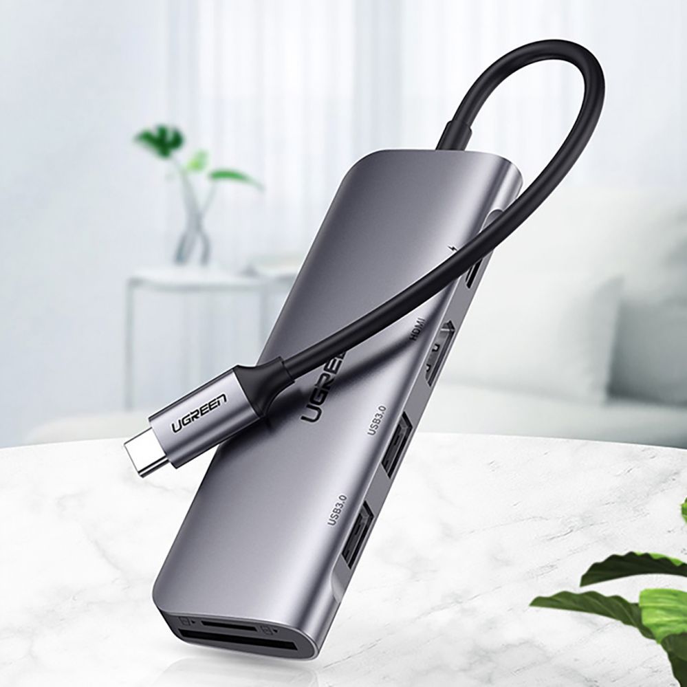 Kaabel Ugreen  Ugreen CM195 6in1 adapter USB-C - HDMI / 2x USB-A 3.0 / USB-C PD / SD / TF reader - gray