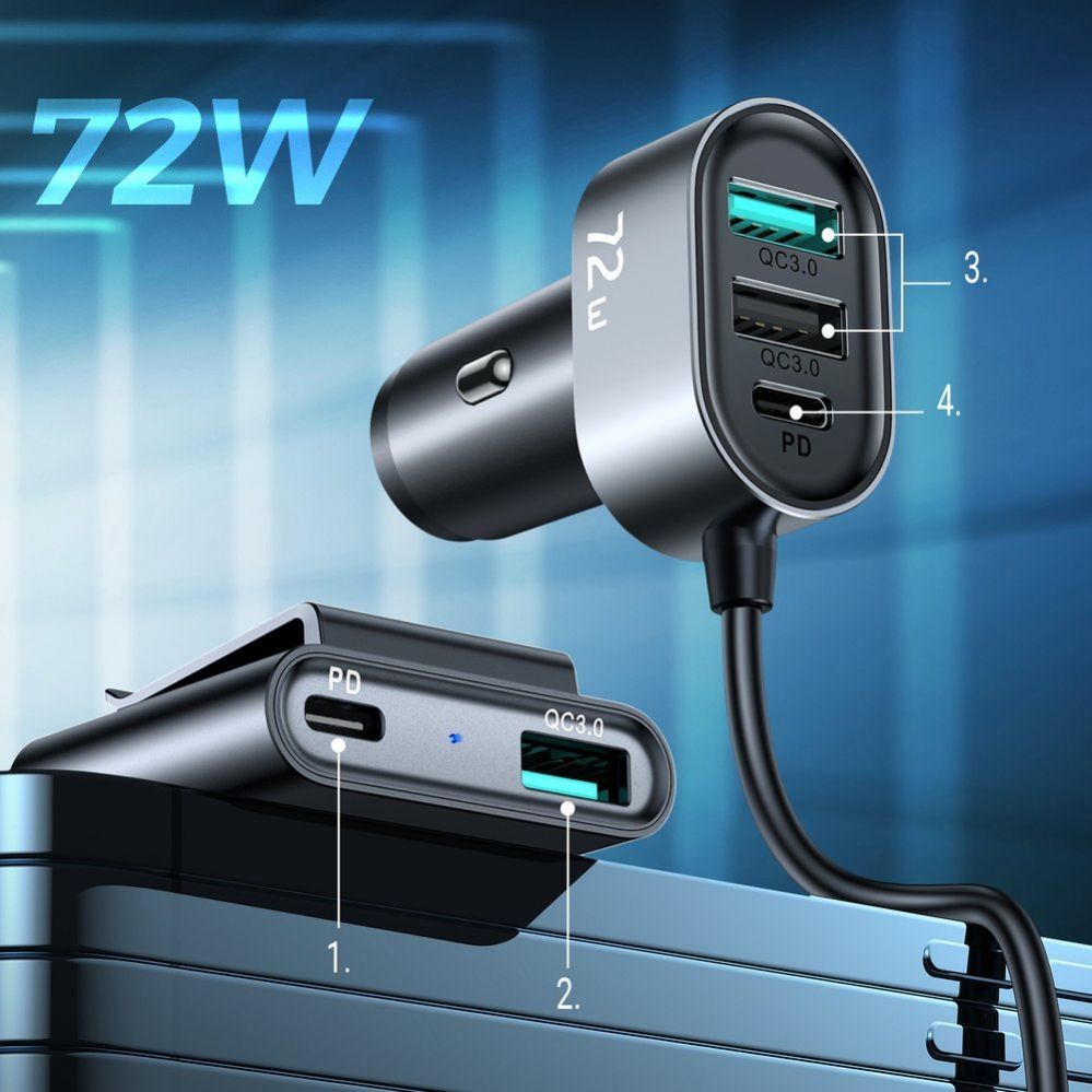 Adapter Joyroom  Joyroom car charger 2xPD + 2xQC3.0 72W 1.5m black (JR-CL05)
