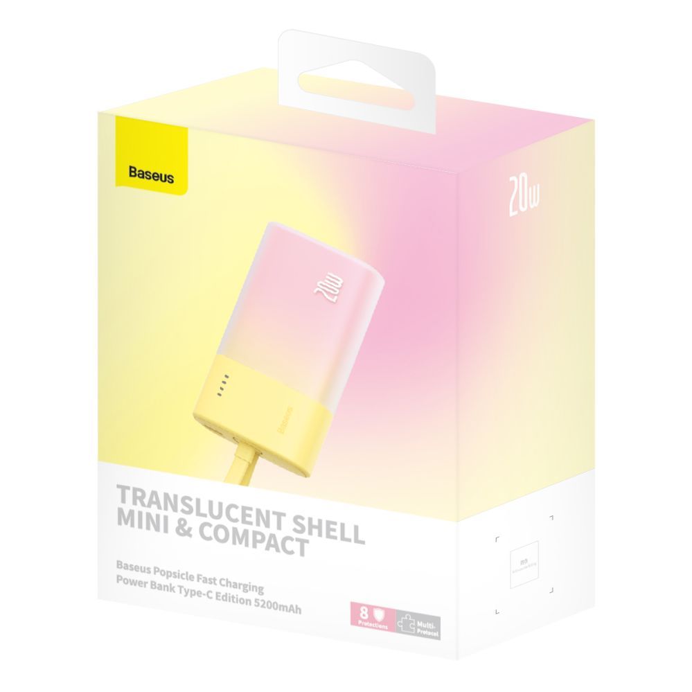 Внешний аккумулятор Baseus  Baseus Popsicle 5200mAh 20W Powerbank with Built-in Lightning Cable (+ White Baseus Simple USB-C - USB-C 60W/20V/3A/30cm Cable) - Yellow-Pink