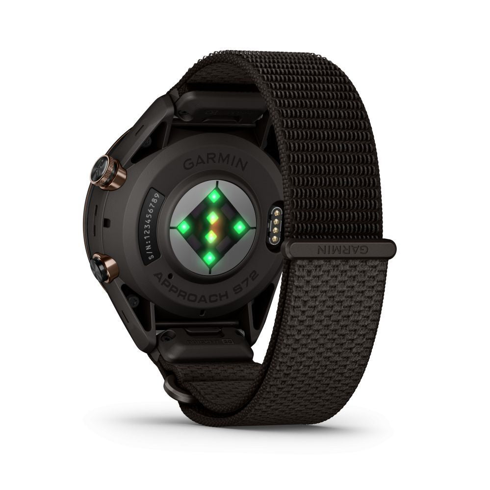 Nutikell Garmin  Approach S72 – 43 mm
Carbon Gray/Heritage Bronze DLC Titanium Bezel with Pebble Grey ComfortFit Fabric Band
