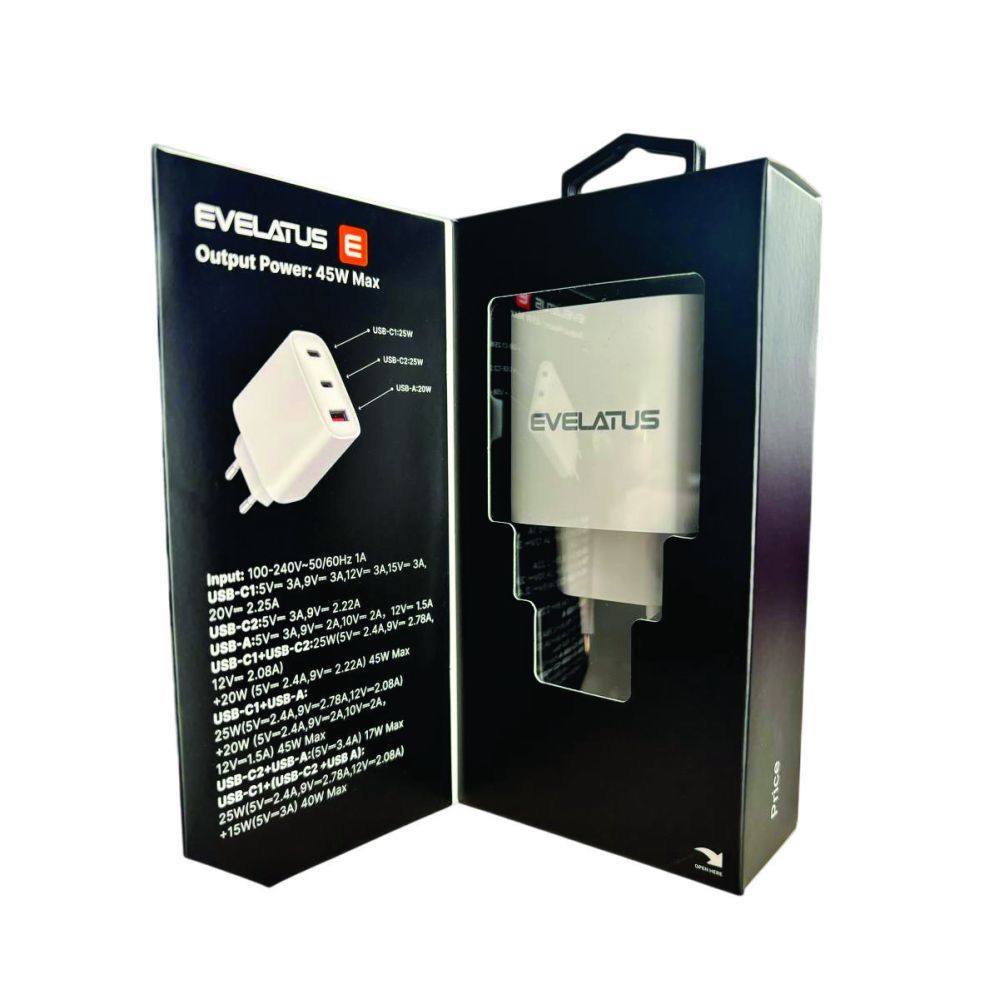 Adaptrid Evelatus  45W Max Fast Charger EU USB-C1/USB-C1/USB-A - RCE-4501ACCL White