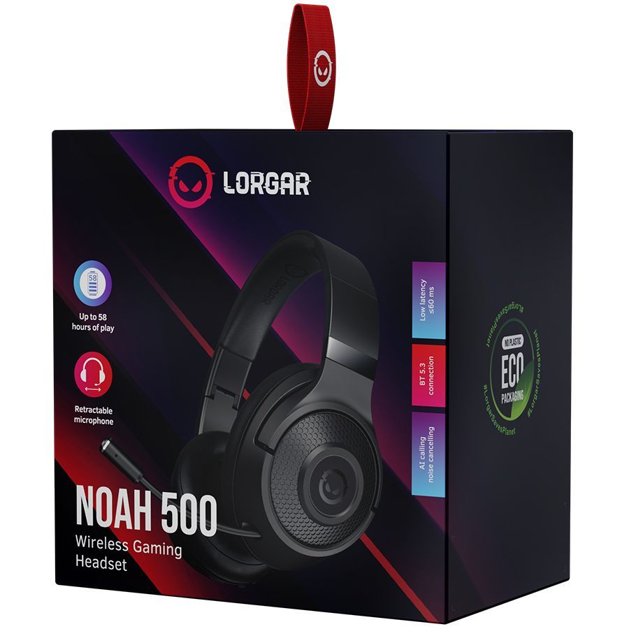 Kõrvaklapid mikrofoniga LORGAR  LORGAR Noah 500, Wireless Gaming headset with microphone, JL7006, BT 5.3, battery life up to 58 h (1000mAh), USB (C) charging cable (0.8m), 3.5 mm AUX cable (1.5m), size: 195*185*80mm, 0.24kg, black