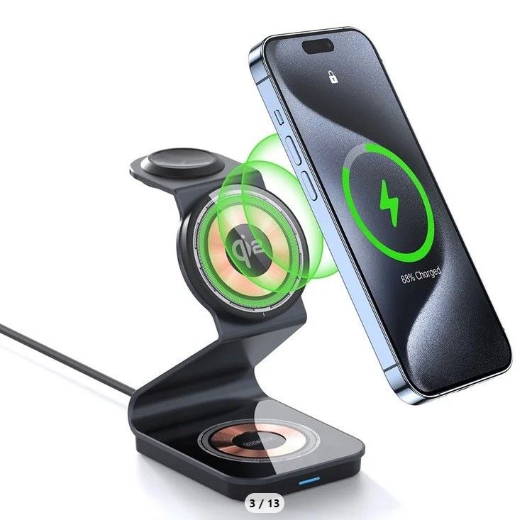 Juhtmeta laadija Duzzona  W21 3-in-1 15W Wireless Charging Stand Teléfono Auricador de Auriculares Cargador (certificado Qi2) Black