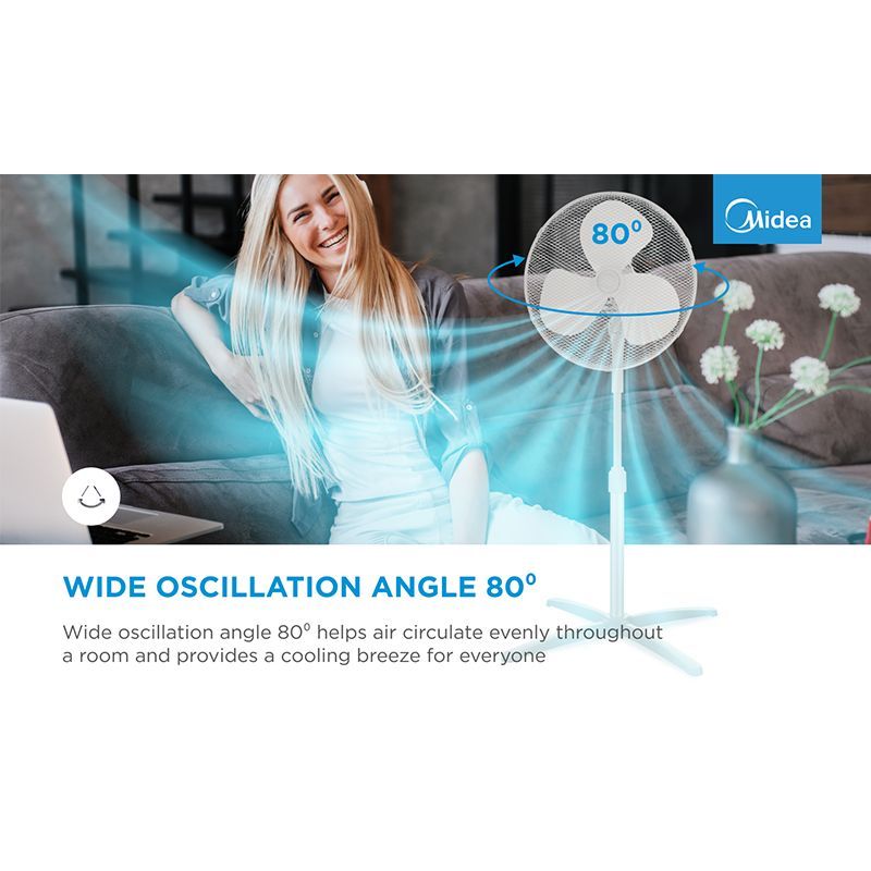 Other small household appliances Midea  Stand fan, 40cm, 40W,  3 speeds, mechanical, noise level: 55-65 dB, Oscillation  80°, Tilting +16° -8°, Adjustable height 120cm,