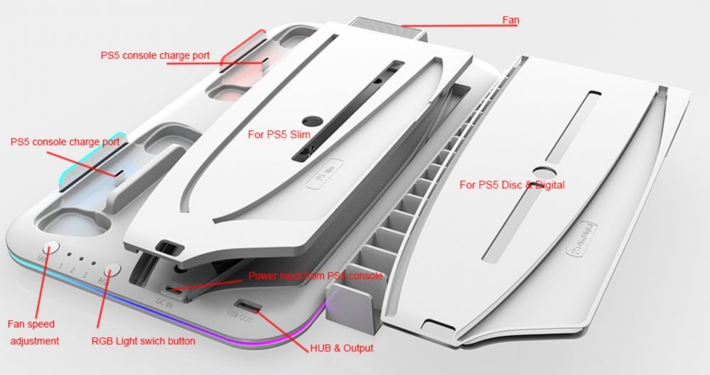 Kontroller iLike  DZ504 Slim Multi Dock Station for Play Station 5 PS5 Controllers with Cooling fas & RGB Black