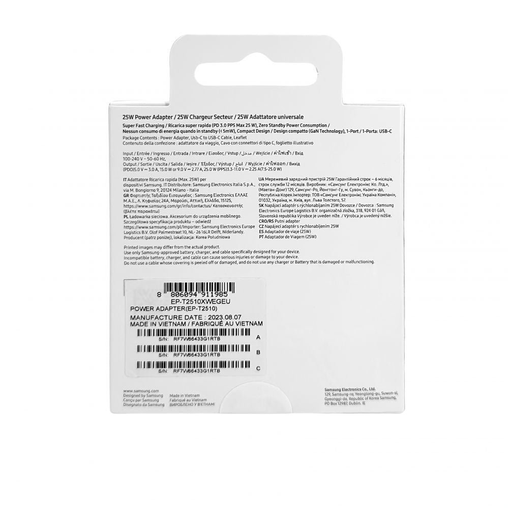 Adaptrid Samsung  Samsung USB-C 25W Travel Charger + USB-C Data Cable EP-T2510XWE White