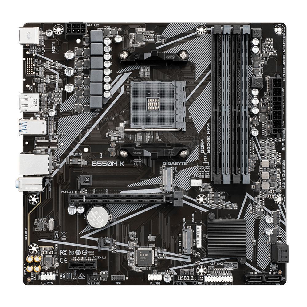 Материнская плата для процессоров Intel Gigabyte  B550M K 1.0 M/B Processor family AMD, Processor socket AM4, DDR4 DIMM, Memory slots 4, Supported hard disk drive interfaces 	SATA, M.2, Number of SATA connectors 4, Chipset AMD B550, Micro ATX