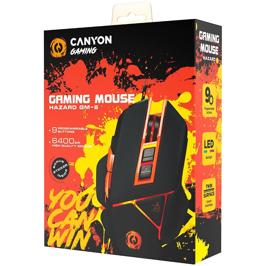 Computer mouse Canyon  CANYON Optical gaming mouse, adjustable DPI setting 800/1000/1200/1600/2400/3200/4800/6400, LED backlight, moveable weight slot and retractable top cover for comfortable usage