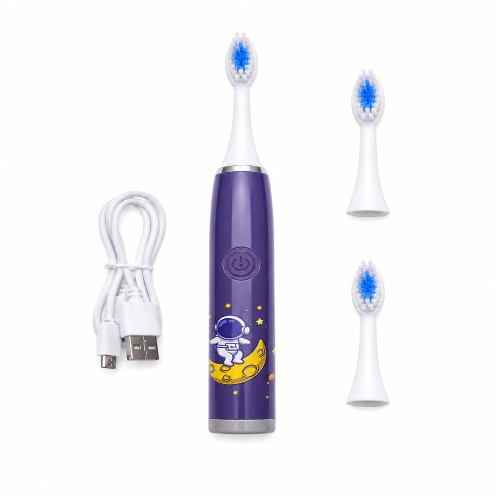 Hambahari iLike  Kids Rechargeable Sonic Electric Toothbrush, USB Charging, 3 Brush Heads (1+2 Replacement Heads), Soft Bristles, Waterproof, Space Astronaut Design Purple