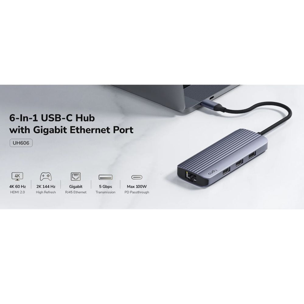 Роутер Cudy  UH606 PortMate USB-C 6-in-1 Hub 4K 60Hz HDMI Gigabit LAN 3x USB-A Power Input Grey