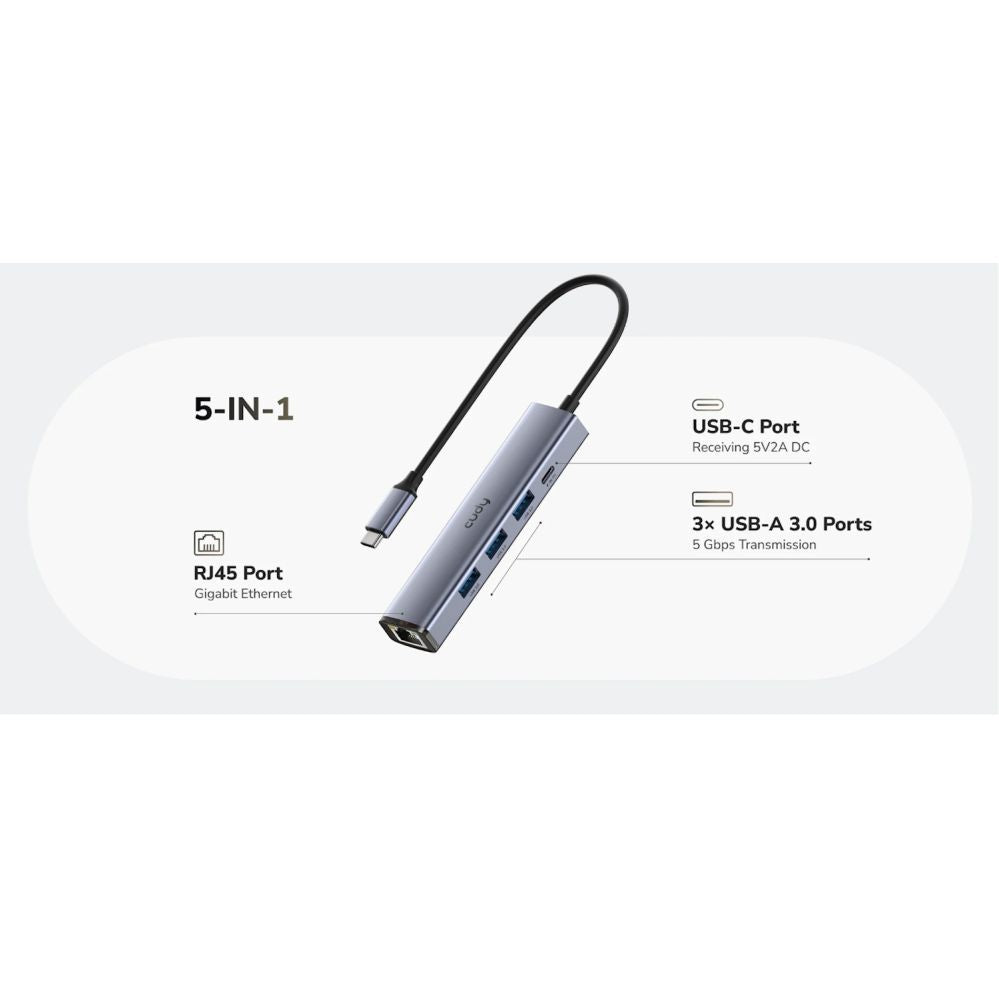 Ruuterid Cudy  UH605 USB-C 5-in-1 Hub Gigabit LAN 3x USB-A 3.0 Power Input Aluminum Grey