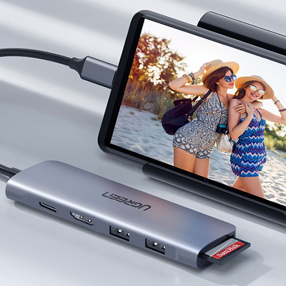Kaabel Ugreen  Ugreen CM195 6in1 adapter USB-C - HDMI / 2x USB-A 3.0 / USB-C PD / SD / TF reader - gray