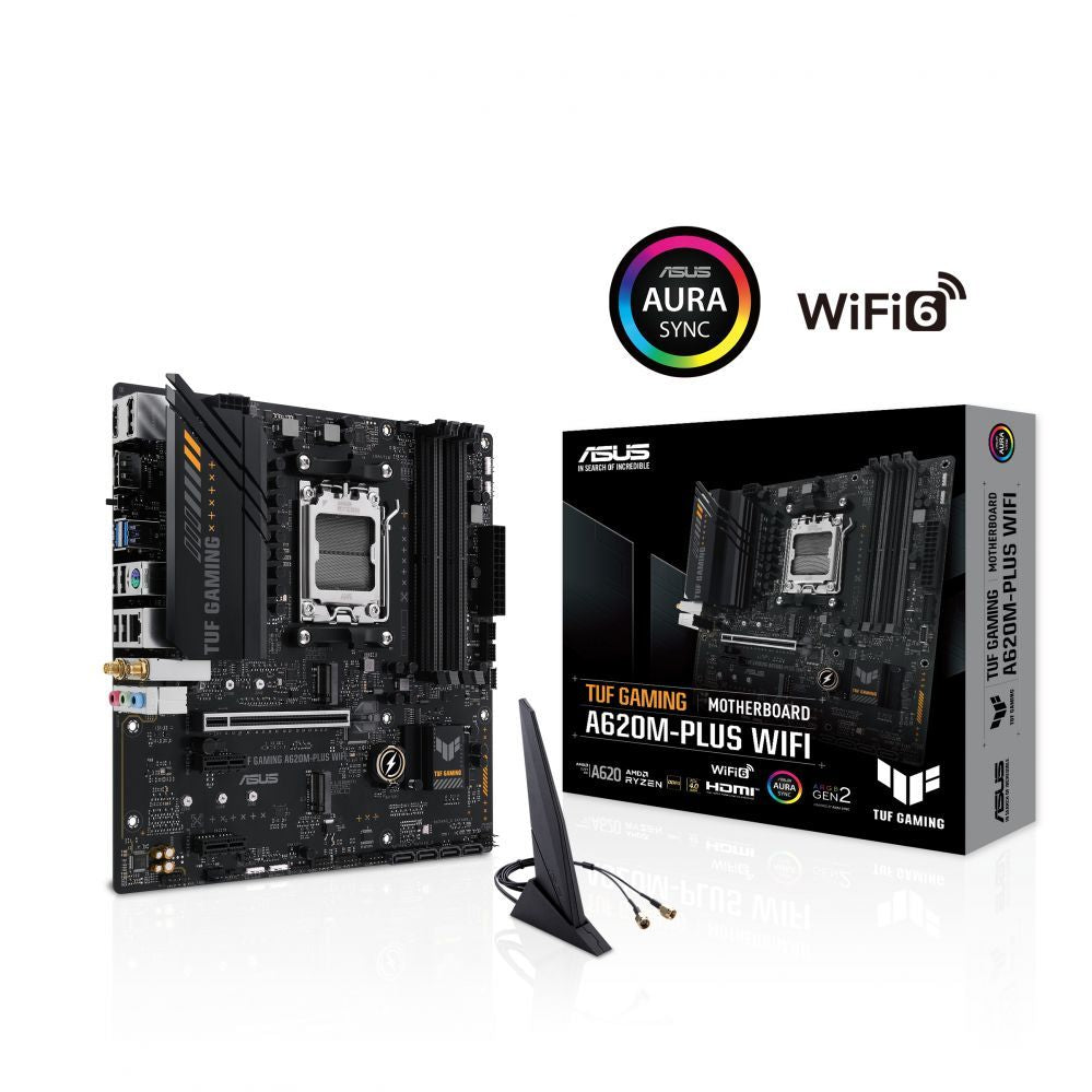Материнская плата для процессоров Intel Asus  TUF GAMING A620M-PLUS WIFI Processor family AMD, Processor socket AM5, DDR5 DIMM, Memory slots 4, Supported hard disk drive interfaces 	SATA, M.2, Number of SATA connectors 4, Chipset AMD A620,  Micro-ATX