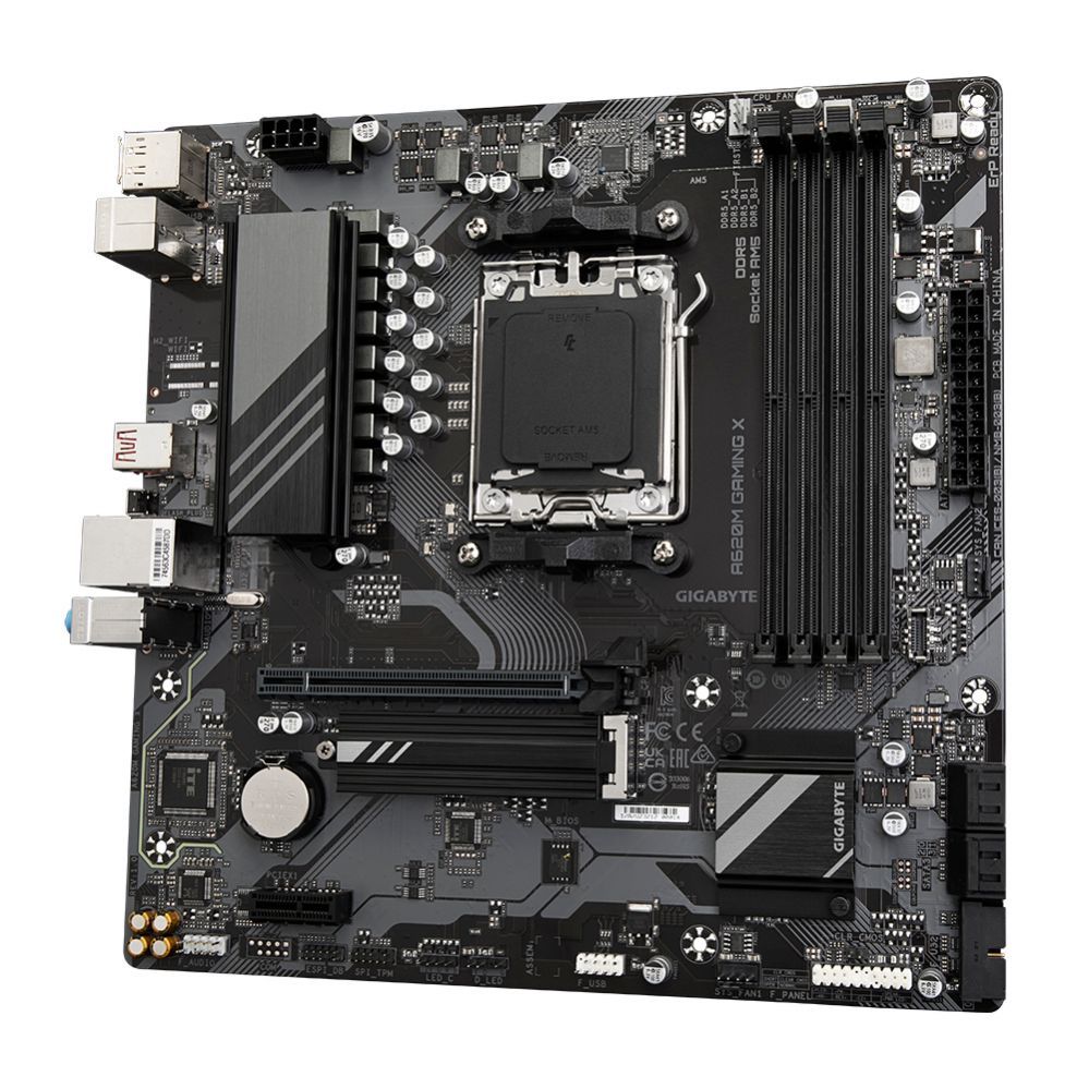 Intel protsessori emaplaat Gigabyte  A620M GAMING XG10 Processor family AMD, Processor socket AM5, DDR5 DIMM, Memory slots 4, Supported hard disk drive interfaces 	SATA, M.2, Number of SATA connectors 4, Chipset AMD A620, Micro ATX
