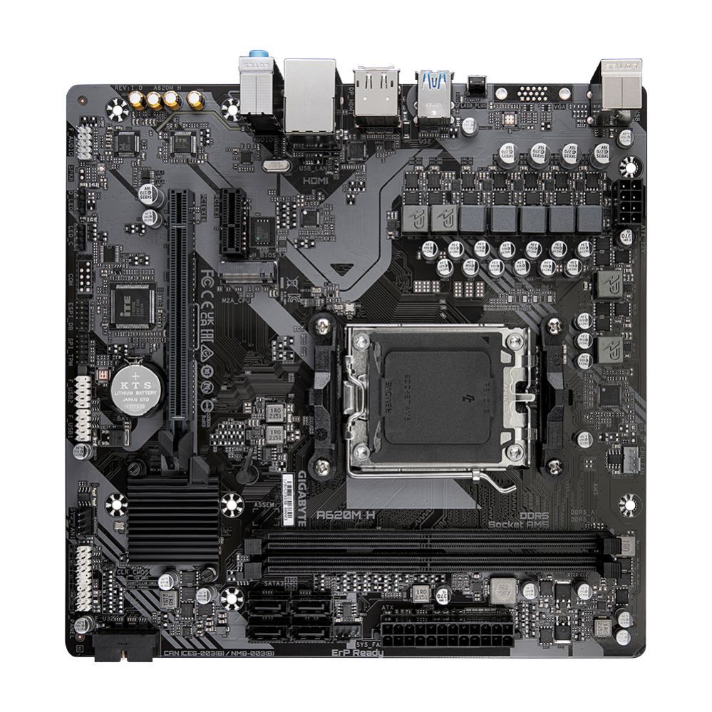 Intel protsessori emaplaat Gigabyte  A620M H 1.0 M/B Processor family AMD, Processor socket AM5, DDR5 DIMM, Memory slots 2, Supported hard disk drive interfaces 	SATA, M.2, Number of SATA connectors 4, Chipset AMD A620, Micro ATX
