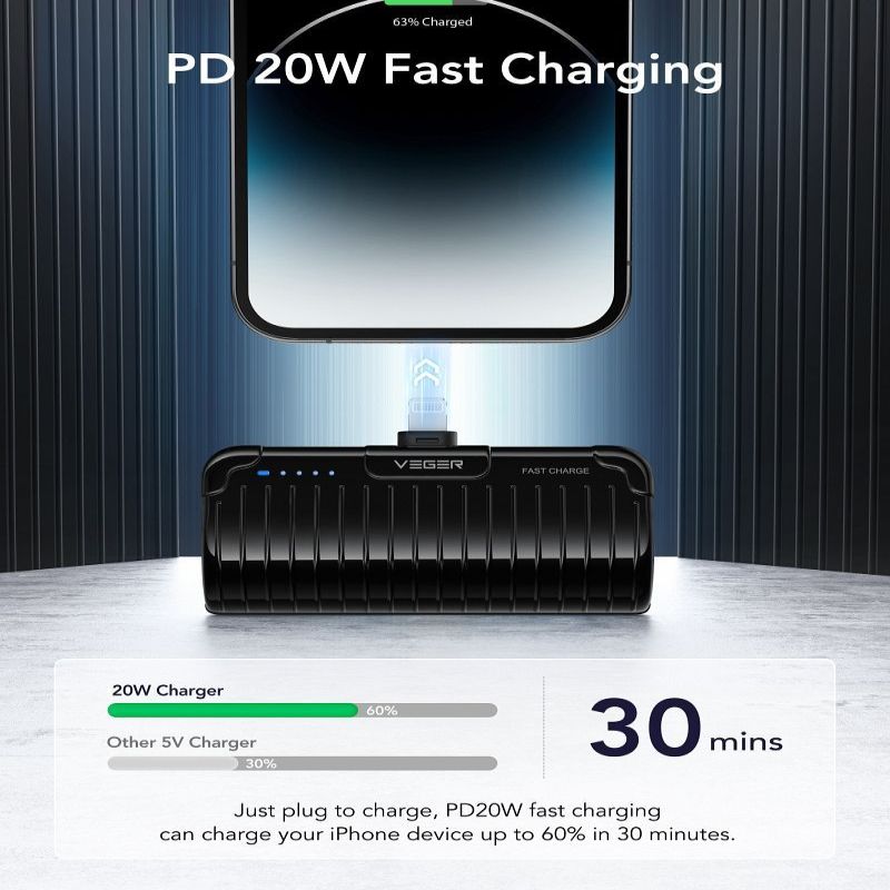 Power bank Veger  Powerbank Veger PlugOn (W0558P) PD QC3.0 2,4A 20W 5000 mAh with a built-in connector Lightning black