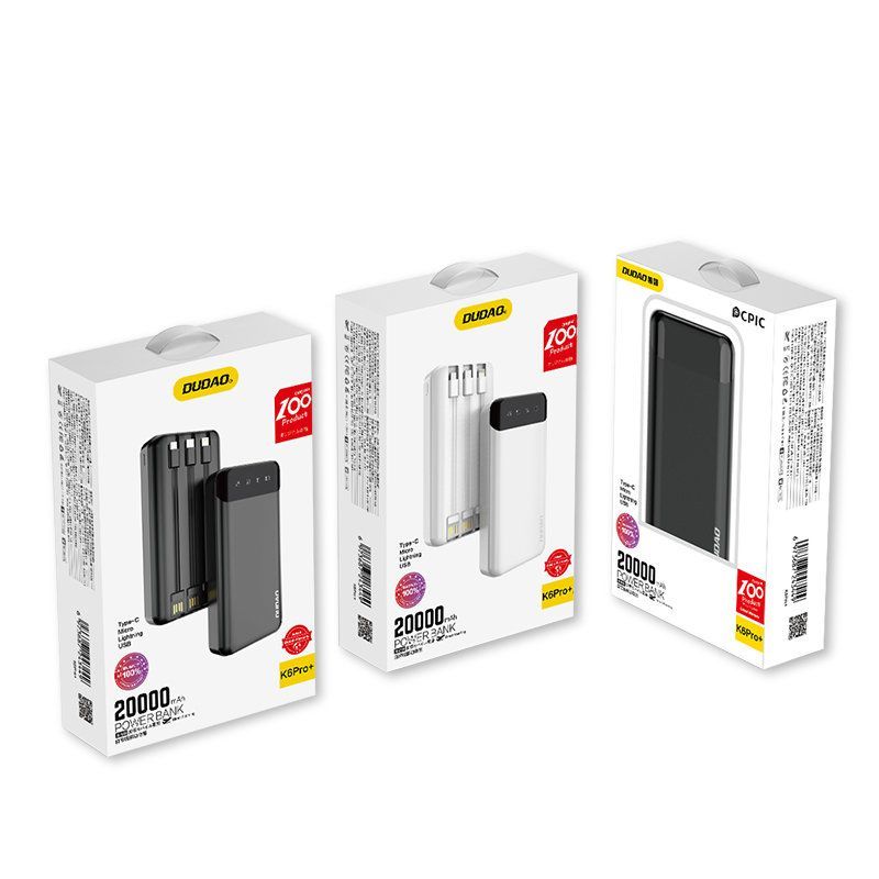 Power bank Dudao  Dudao capacious powerbank with 3 built-in cables 20000mAh USB Type C + micro USB + Lightning black (Dudao K6Pro +)