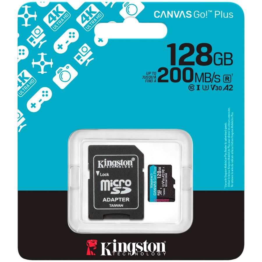 Cable Kingston  Kingston 128GB microSDXC Canvas Go Plus Gen4 200MB/s A2 U3 V30 Card + Adapter