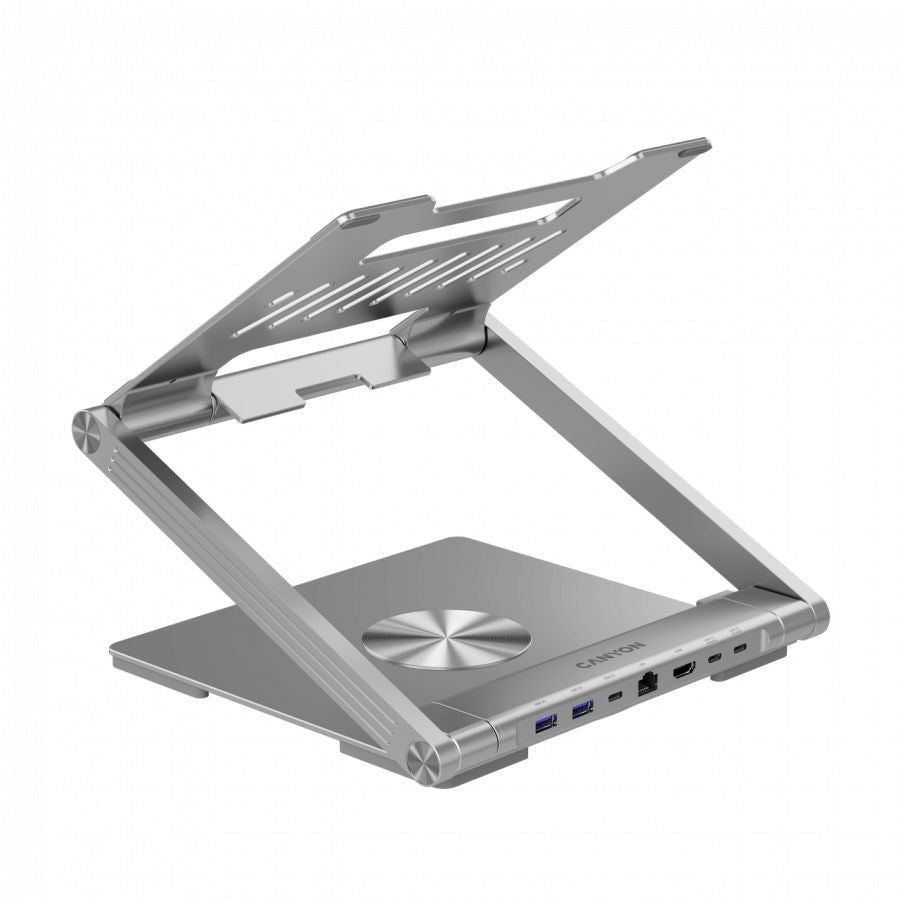 Üleminek Canyon  Canyon Laptop stands with hub, TYPE C F to HDMI2.0+2USB3.0+USBC3.0+RJ45+PD, TYEP C TO C cable 1m white with Emarker: HUSB332A, Material: Aluminum case+ABS+PS, Size: 245x240x27.2+/-0.3mm, Weight:1304g