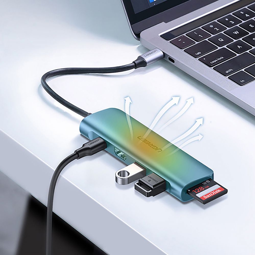 Kaabel Ugreen  Ugreen CM195 6in1 adapter USB-C - HDMI / 2x USB-A 3.0 / USB-C PD / SD / TF reader - gray