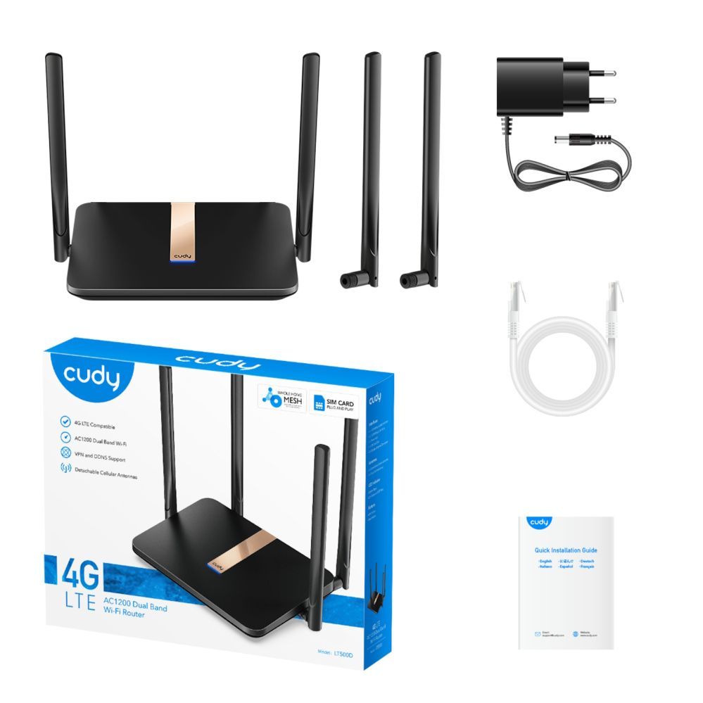 Ruuterid Cudy  LT500D LinkCell AC1200 4G LTE Cat4 Router Dual Band WiFi SIM VPN Detachable Antennas Mesh White
